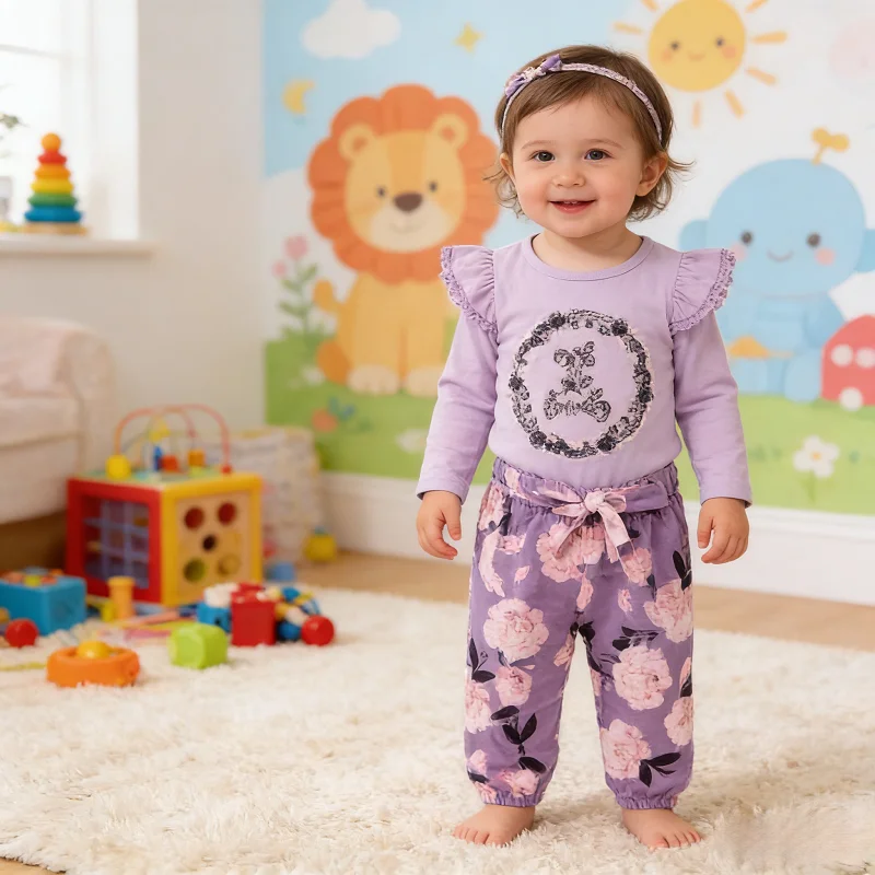 

Фиолетовый комплект одежды для новорожденных девочек: комбинезон с рюшами, брюки с цветочным принтом, повязка на голову с бантом, мягкий повседневный наряд для фотосессий