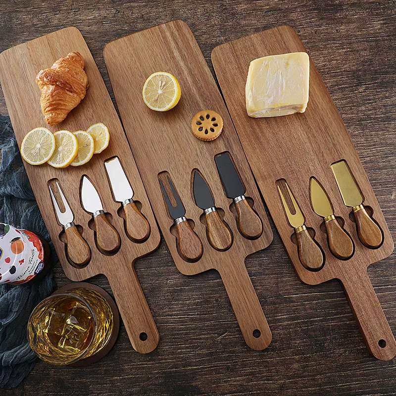 Juego de Tabla de Quesos de Acacia con Cuchillo para Queso, Tabla de Cortar de Madera y Cuchillo para Carne