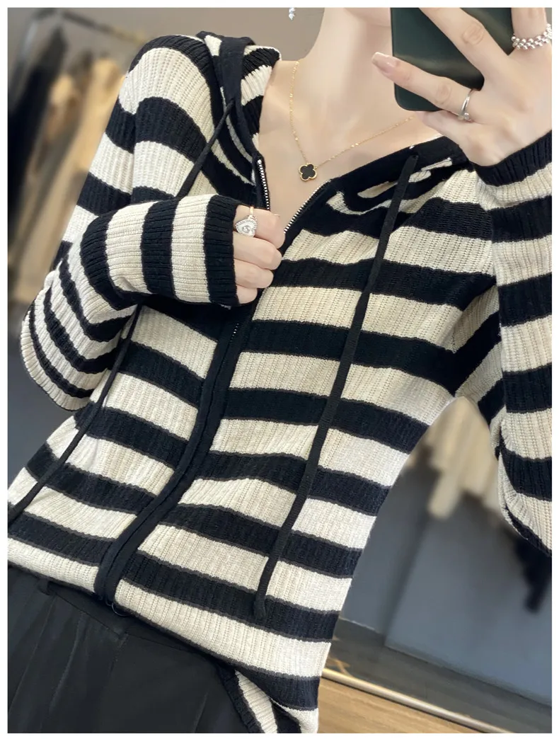 Stripe Color Matching Hooded Knitted Cardigan For Women\'s 2023 New Slimming Paper Sheet Thin Zippered Sweater Outerwear Hoodie