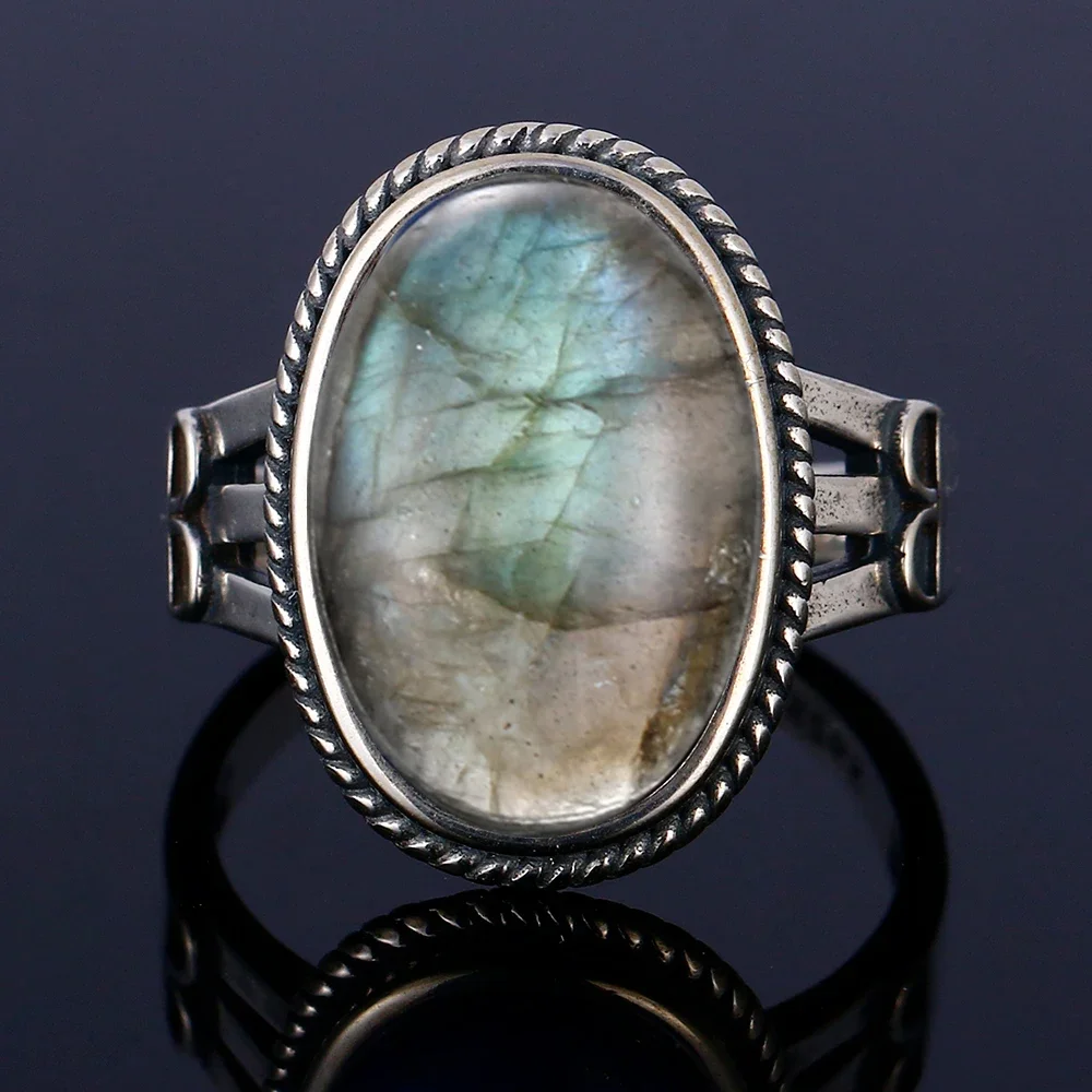 Silver Ring for Women Oval Round Natural Labradorite Ring Gift Sun Shaped Retro Luxury Fine Jewelry