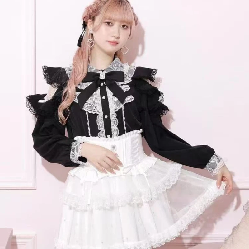 

Cute Vintage Y2K Shirt, Japanese Kawaii Blouse Lace Details Sweet Lolita Inspired Top for Women's Elegant Casual Aesthetic Style