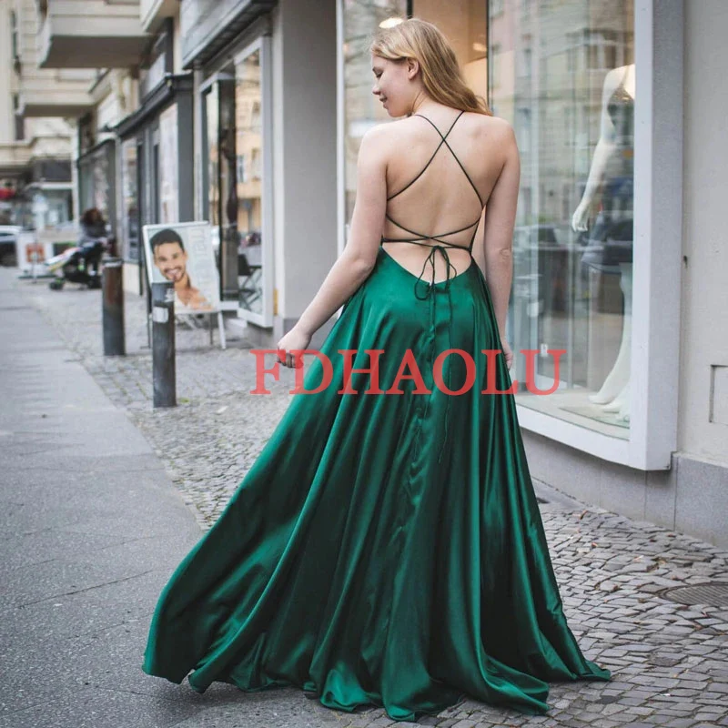 Gaun Prom warna kustom gaun malam Backless seksi tali Spaghetti leher-v gaun Formal panjang A-Line Vestido Festa RU198