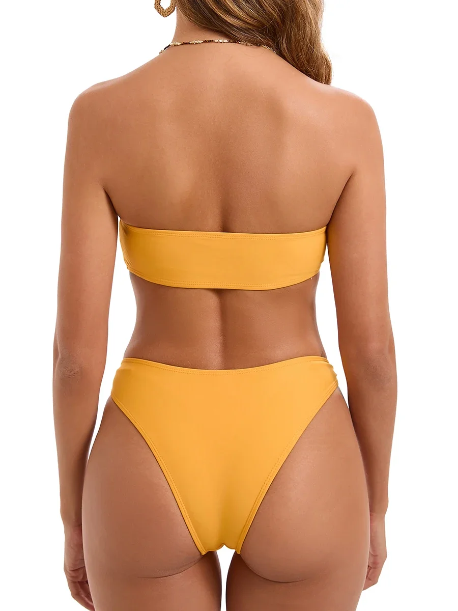 섹시한 비키니 2025 여성 링 링크 수영복 여성 노란색 수영복 Bandeau Bathers 수영 수영복 수영복 여름 Beachwear