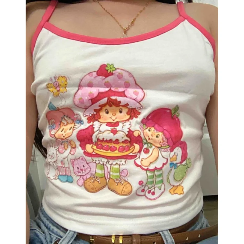 

2025 Hot Girl Pure Desire Cartoon Printed Strap Contrast Tank Top Women's Beautiful Back Slimming Inner Wear Outer Wear Age Redu