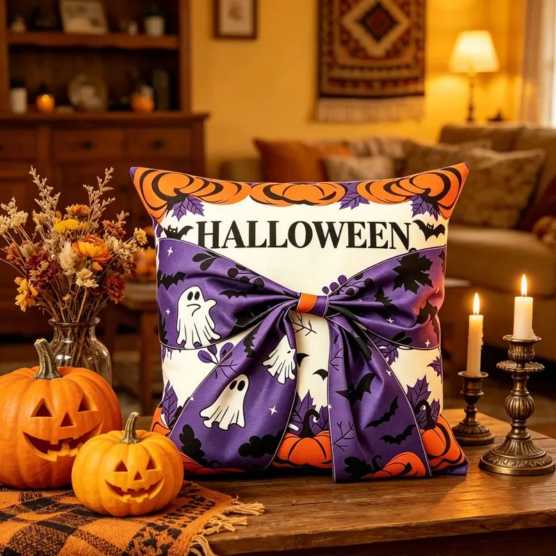 Amazon Halloween pillow cover bow decoration seat cushion ghost print atmosphere arrangement sofa pillow