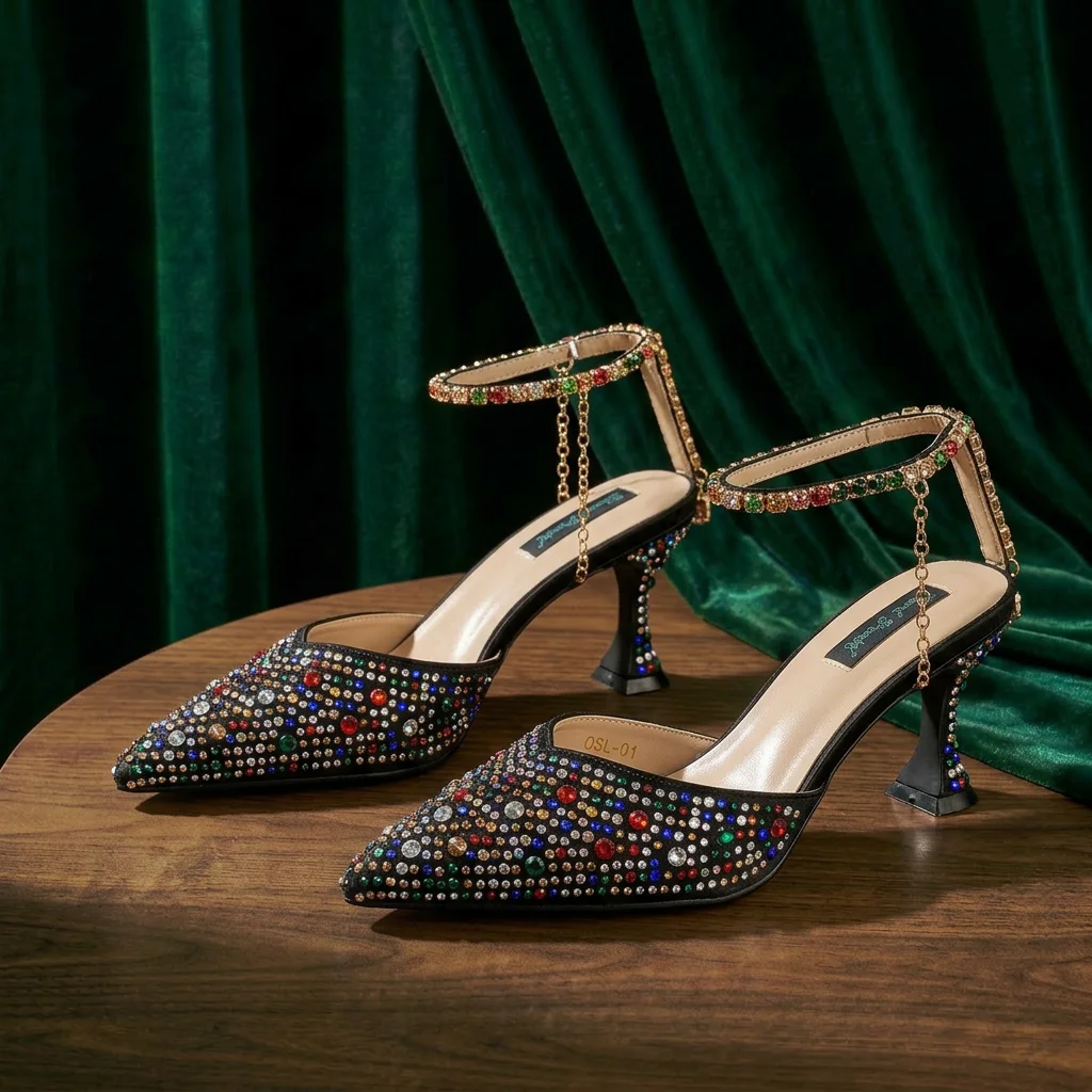 QueenaYan African Pointed Toe High Heels for Women with Ankle Strap and Party Shoes Rainbow Black color