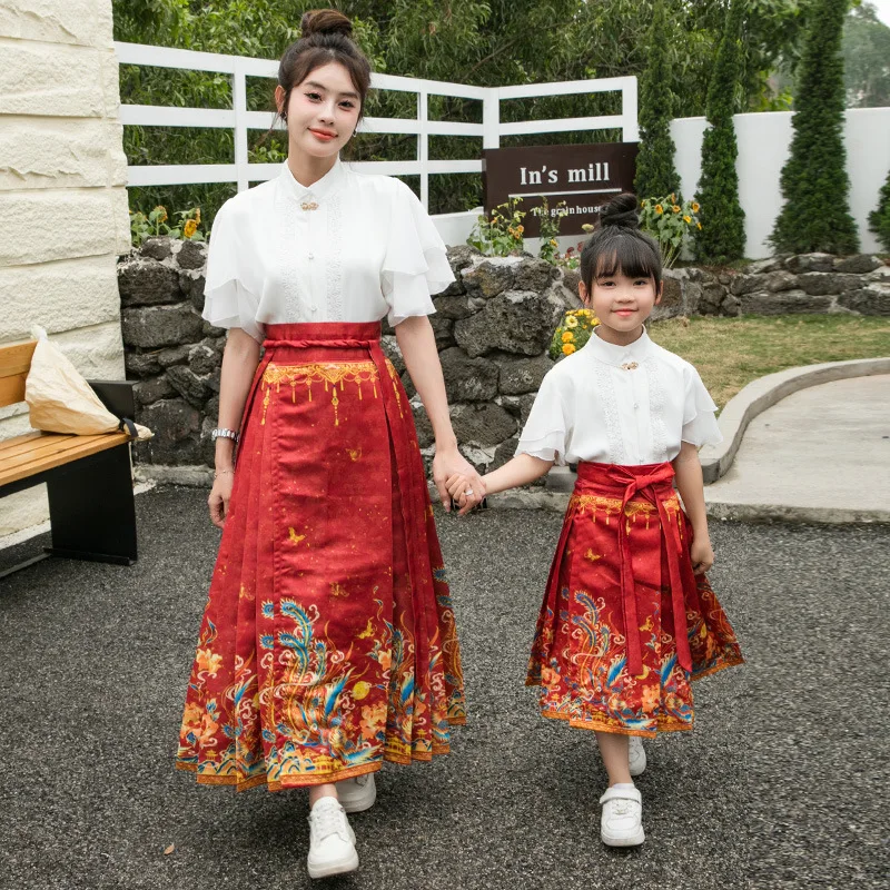 Retro Mom and Daughter Blouse Hanfu Horse-face Skirt Set Modern Elegant Women Girl Chinese Traditional Oriental Fashion Clothes