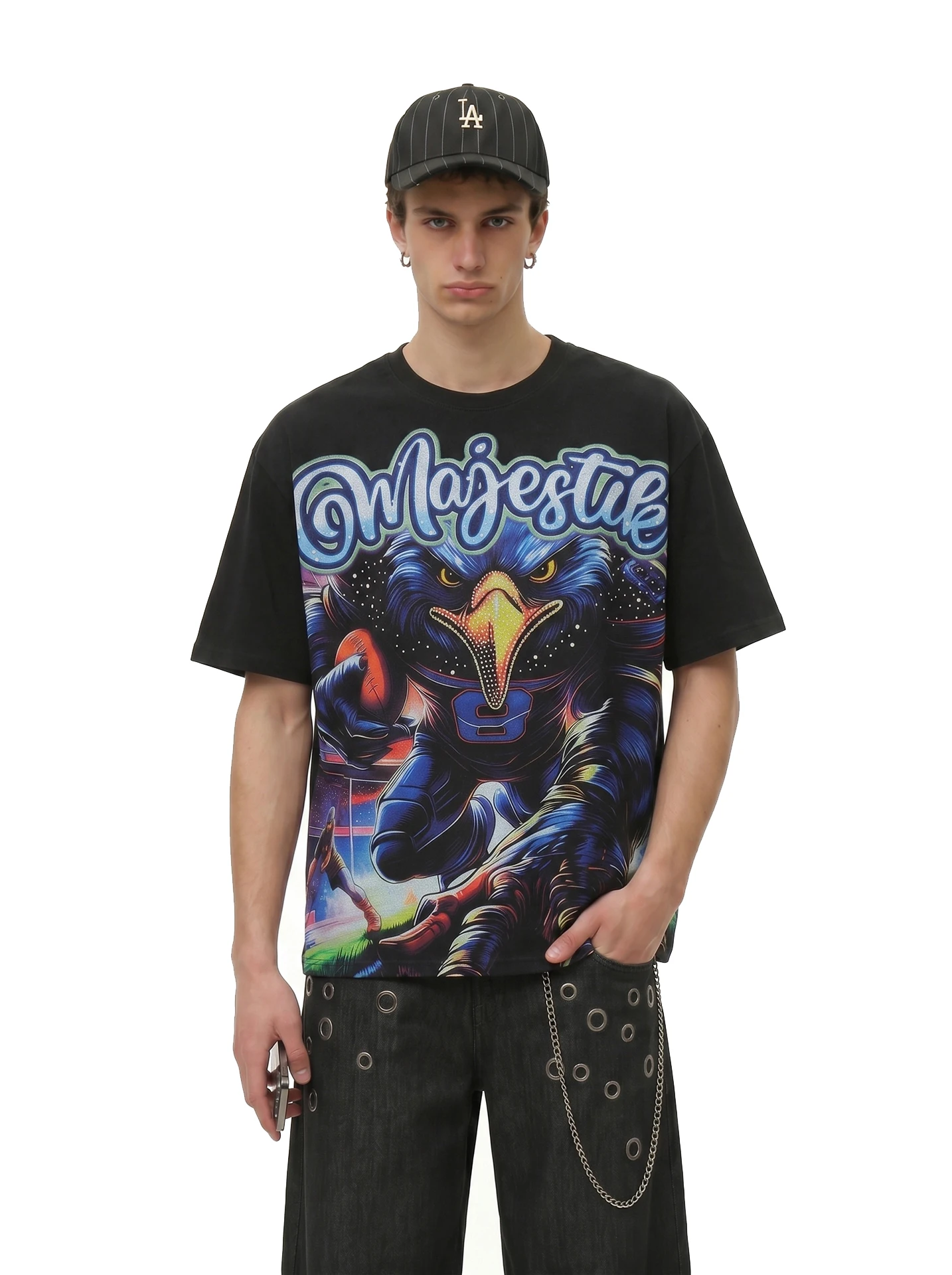 

BETEBULE American High Street round Neck Short Sleeve T-Shirt Men Summer Trendy Loose Half Sleeve Top Printed Rhinestone