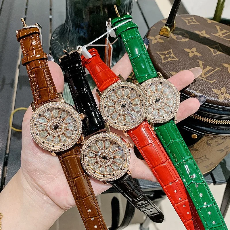 Luxury Rhinestone Genuine Leather Ladies Watch Fashion  Creative Rotating Big Dial Waterproof Party Gift Watch Relogio Feminino