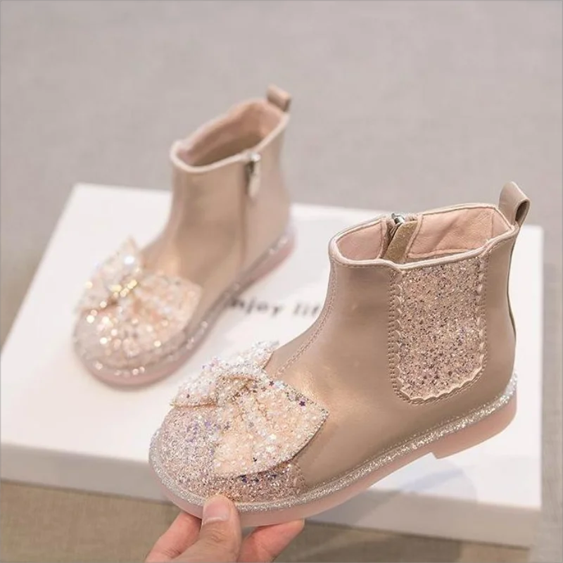 2024 Winter Baby Girls Snow Boots Outdoor Warm Plush Boots Anti-Slippery Children Cotton-padded Shoes Bow Sequin Princess Shoes