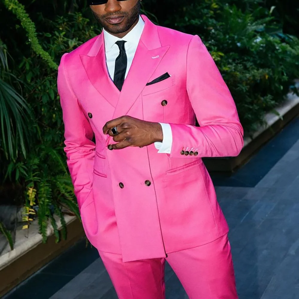 Bright Pink Double Breasted Men Suit Two Pieces(Jacket+Pants) Lapel Outfits Chic Casual Party Prom Wedding Set