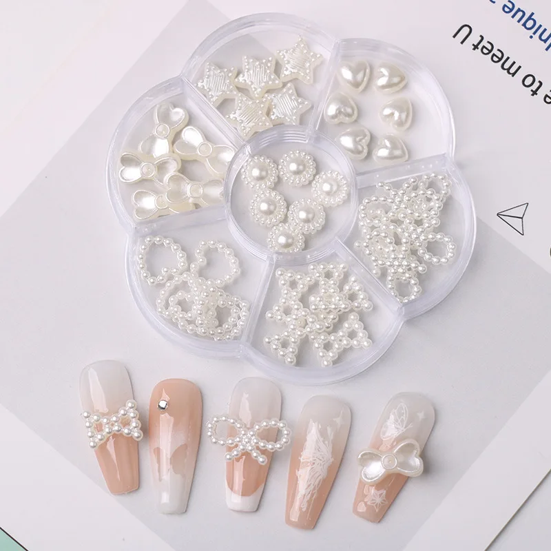 Ins Trendy Boxed Branco Rosa Pérola Oco Bow Nó Coração Five Point Star Resina DIY Nail Art Decor Acessórios New Year Supplies