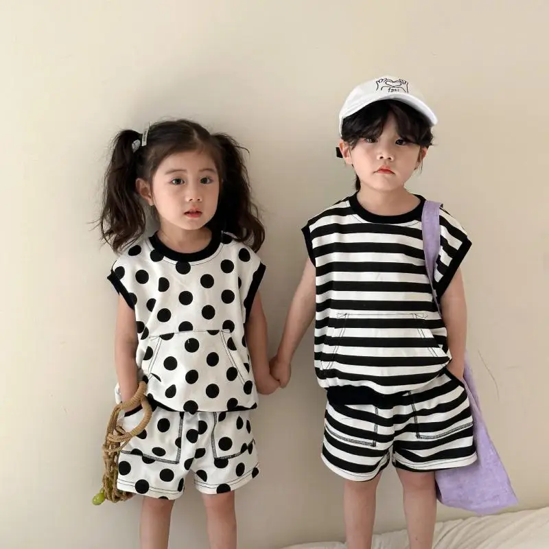 

Children Summer Sports Outfits Boy Baby Striped Sleeveless Tops+ Shirts 2pcs Kids Girl Cotton Casual Vest Suit Toddler Tracksuit