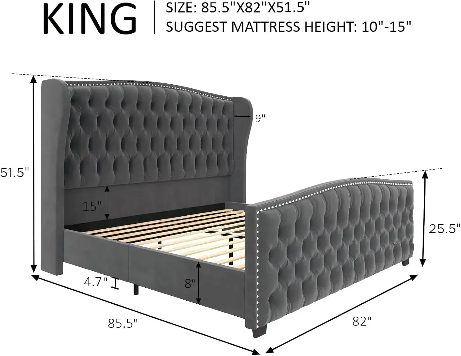 King Size Platform Bed Frame, Velvet Upholstered Bed with Deep Button Tufted & Nailhead Trim Wingback Headboard Grey