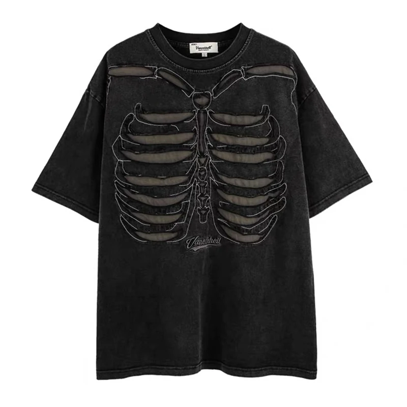 ARENS Skeleton Ripped Punk T Shirts Men Harajuku Streetwear Hip Hop T-shirts 2026 Summer Cotton Loose Y2K Tee Shirt Tops Black