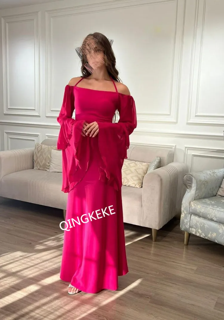 Long Evening Dresses Wome A-line Chiffon Full SleeveWedding Party Dress  2024 Off Shoulder Cocktail Formal Gown  فساتين الحفلات