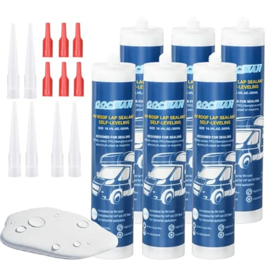 

2026 Version RV Roof Sealant 6 Pack, Self-Leveling Lap Sealant White, Camper Caulk for RV Roofing, Maintenance, Repair