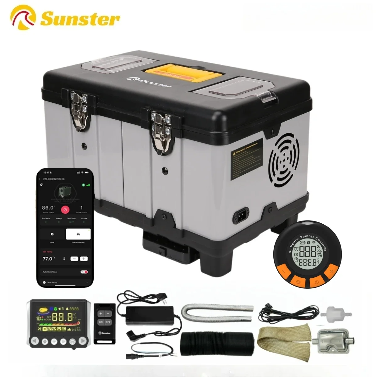 

Sunster TB10pro 8 кВт дизельный воздухонагреватель 12 В/24 В/110-240 В с Bluetooth, вентиляцией, сигнализацией CO и адаптивной пластиной для автомобиля RV Motorhome