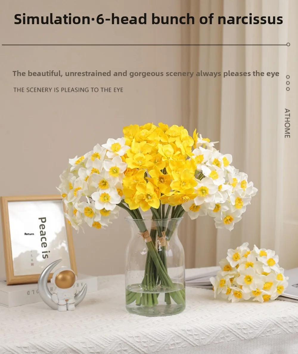 2pcs Artificial Flower Daffodil Handle White, Yellow Bundle Silk Daffodil Pastoral Style