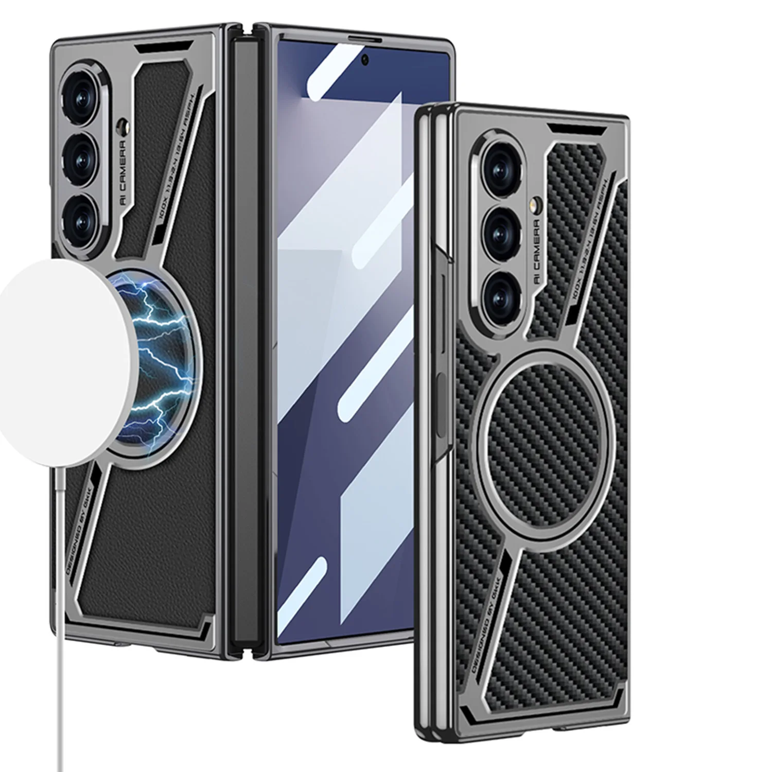 

case for Samsung Z Fold7 phone case Z-shaped shell electroplating plain leather shell magnetic suction ring protective cover