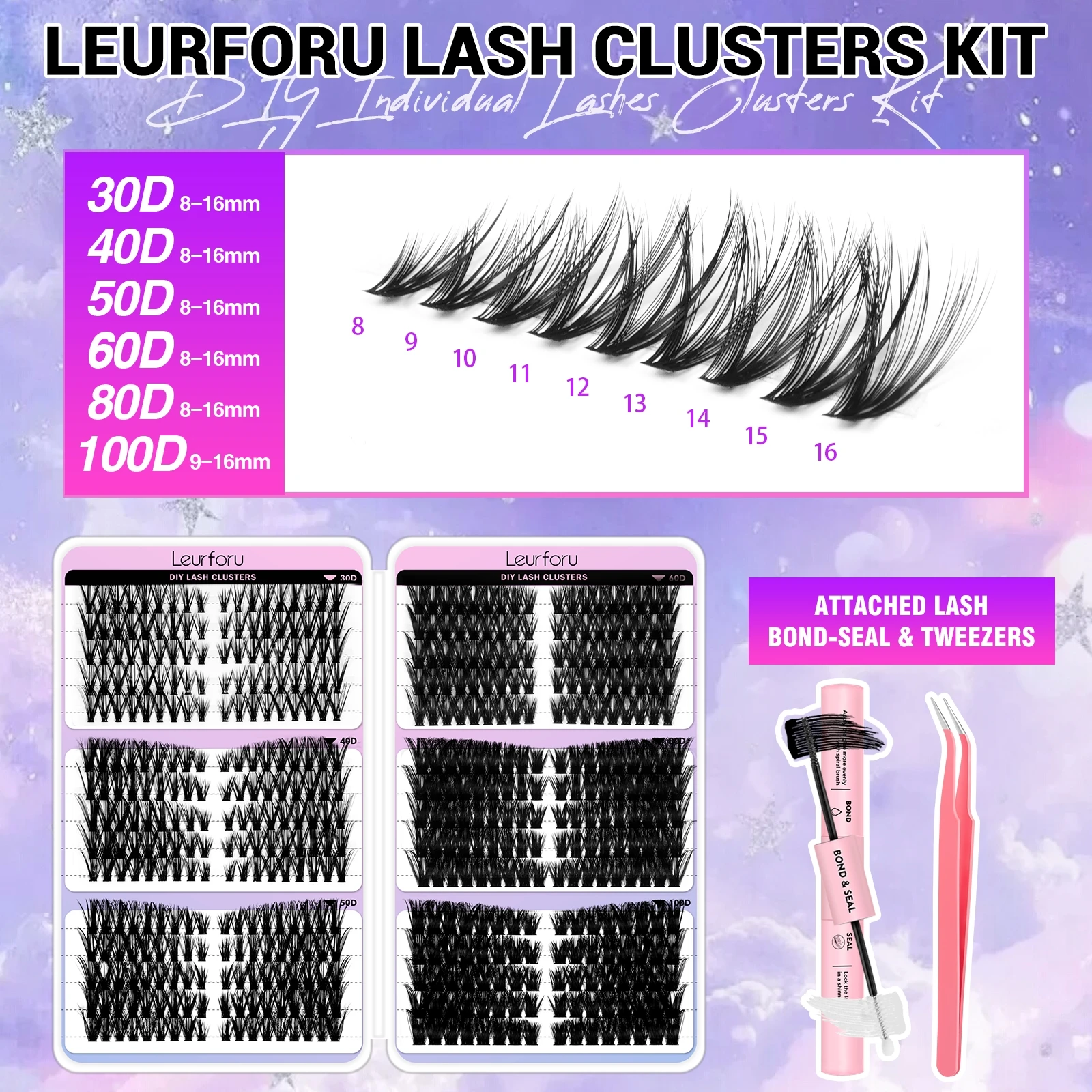 30-100D Lash Cluster Kit with Glue & Tweezers, 8-16mm Curly False Eyelashes, Fluffy Volume Lashes, Soft & Skin-Friendly, Lightweight & Comfortable, Customizable Lash Styles, Easy to Apply, Perfect for Daily Makeup, Halloween Parties & Glam Looks