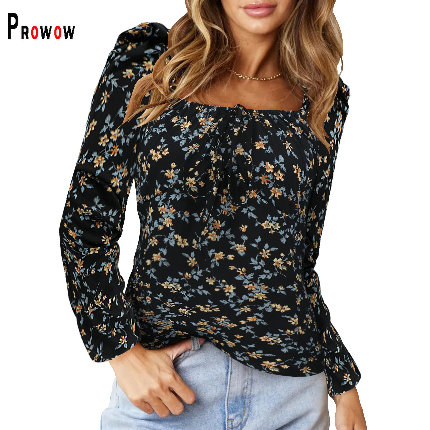 Prowow Floral Print Women Shirts Long Sleeve Square Collar Spring Summer Female Tops Clothes Stretchy Slim Fit Bow Pullovers