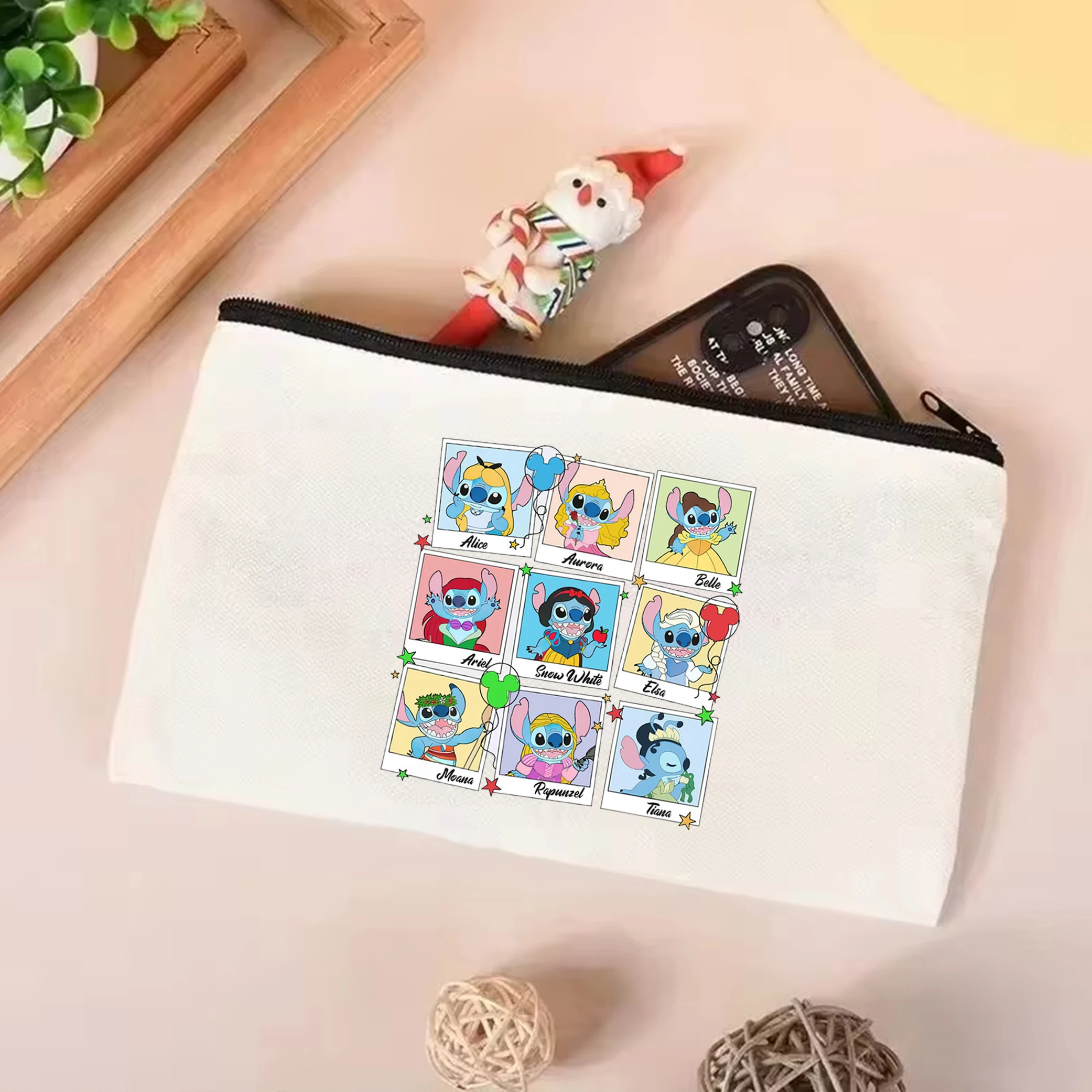 Cute Stitch Disney Princess Belle Aurora Elsa Ariel borsa a tracolla Stitch Emotion scatta foto tote Bag picnic Vacation Trip