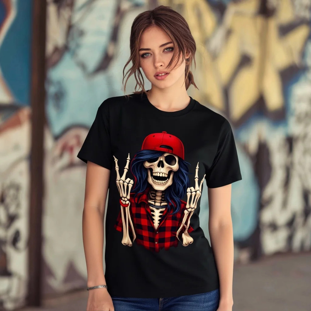 

Zaelia женская футболка с изображением скелета и рокера, повседневная одежда для повседневного использования, футболка с рисунком в уличном стиле, летний модный топ