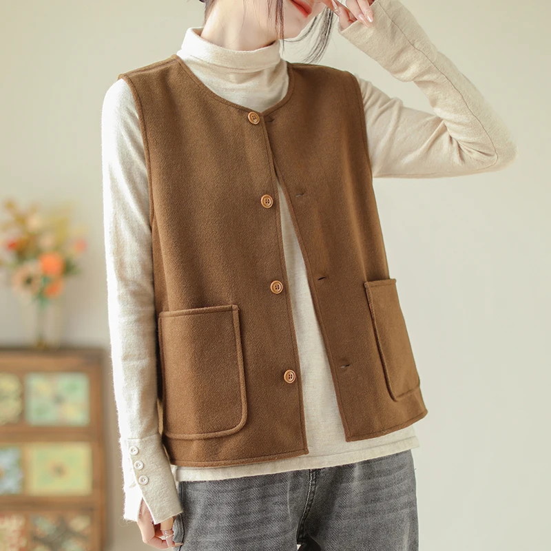 High-End Anti-Aging Large Size Woolen Suit Vest Women's New Autumn Outerwear Loose Fitting Top Single Button round Neck