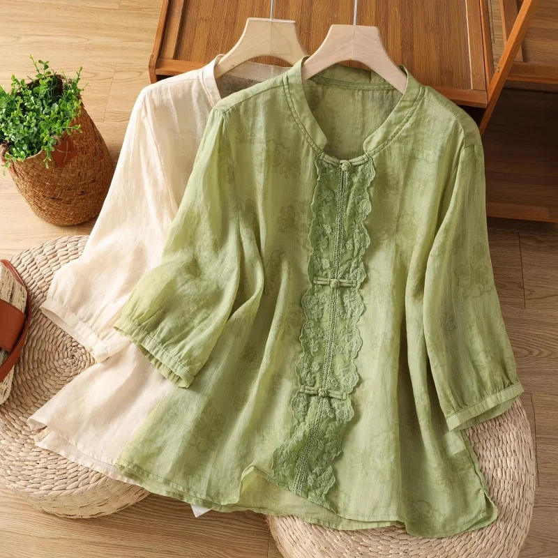 

2026 Summer New Arrival Women's Casual T-Shirt, Boho Lace Blouse with Buttons, Short Sleeve Crewneck Tops, Fashion Half Shirt J1