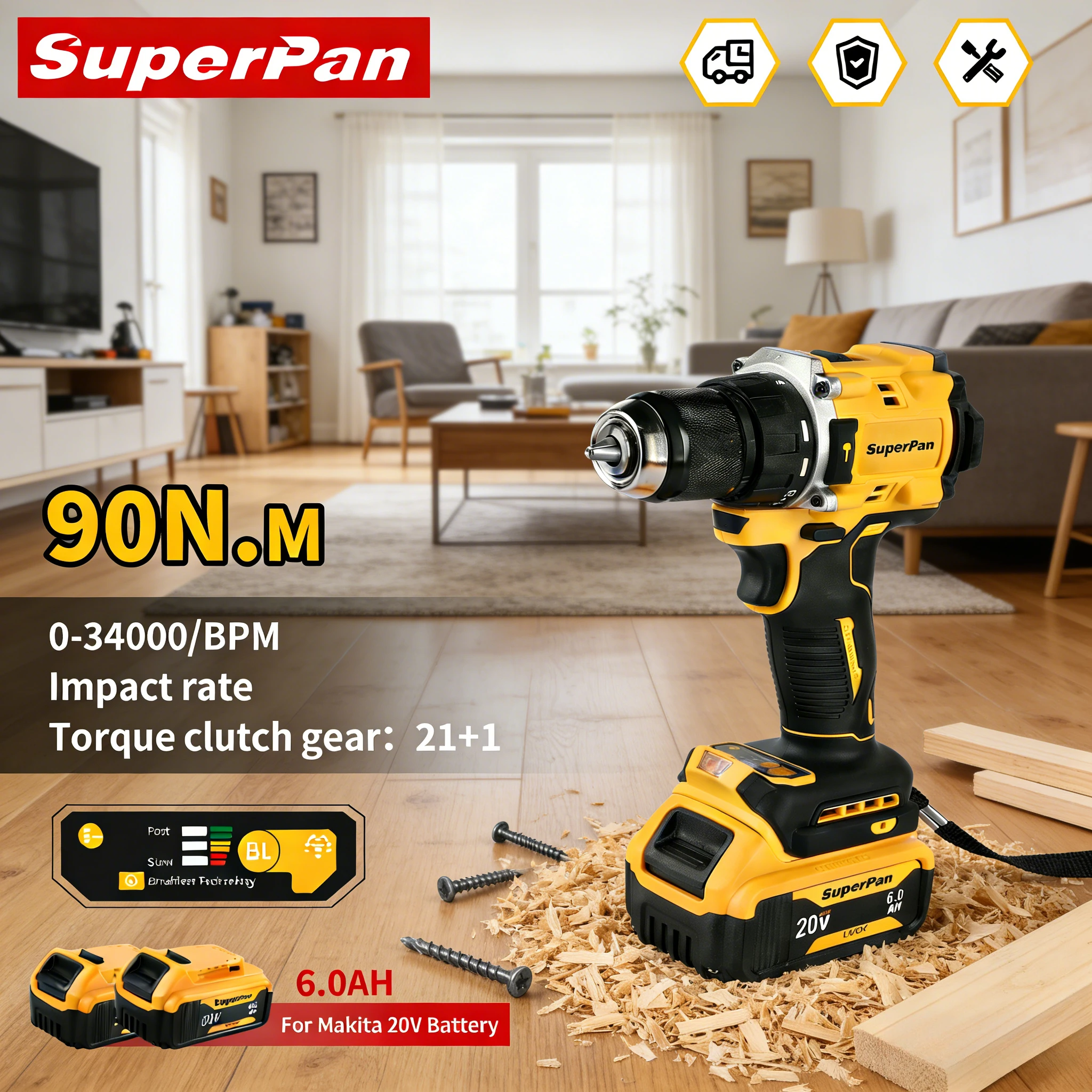 

SuperPan Multifunctional 90/27Nm Anti-Slip Cordless Drill For Indoor Wood Craft DIY Garden Maintenance For Dewalt 20V Battery