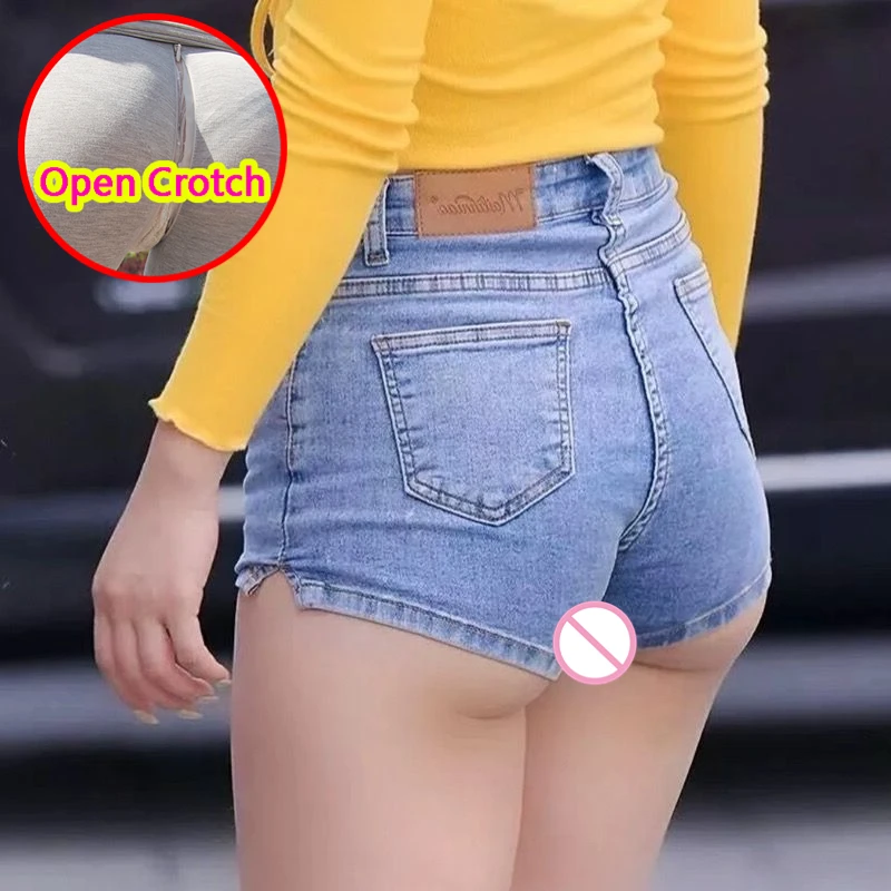 Woman Sexy Open Crotch Mini Jeans Erotic Crotchless Pants with Hidden Zipper Push Up Booty Lift See through Shorts Outdoor Sex