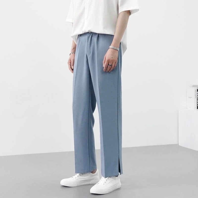 Fluid Slit Blue Trousers for Men Baggy Draped Up Fashion Anti-wrinkle Summer 2024 Man Suits Pants Spring Clothes Chinese Homme