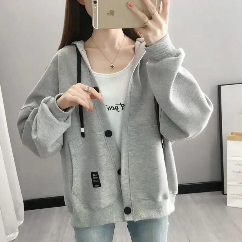 Ladies' 2026 Korean Chic Loose Hooded Cardigan Jacket Versatile Fashionable Zip Up Sweatshirt Top