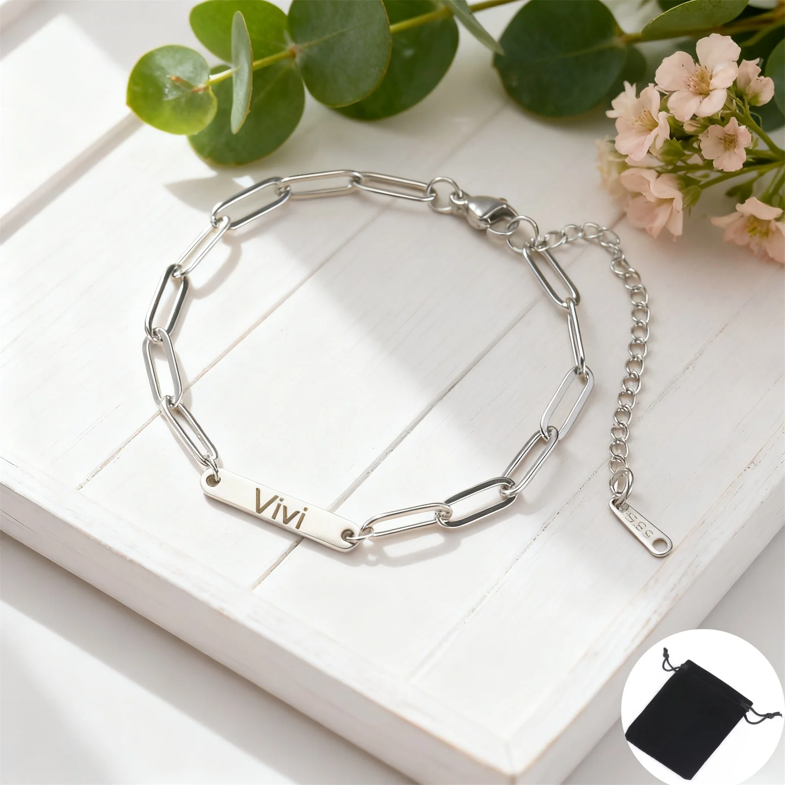 Customized Mini Name Tag Bracelet Stainless Steel Paperclip Chain Paper Clip Chain Bracelet Minimalist Charm Jewelry Gift