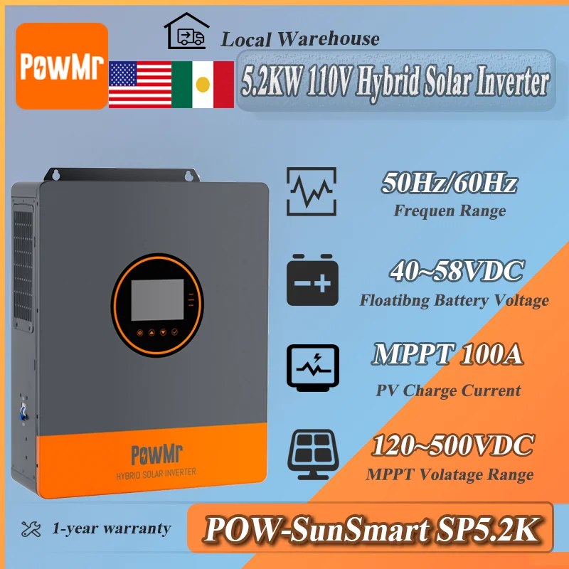 

PowMr 5.2KW 48V to 110V Inverter PV 500V MPPT 100A Up to 6 parallel for Split phase three phase operation for Home solar systems