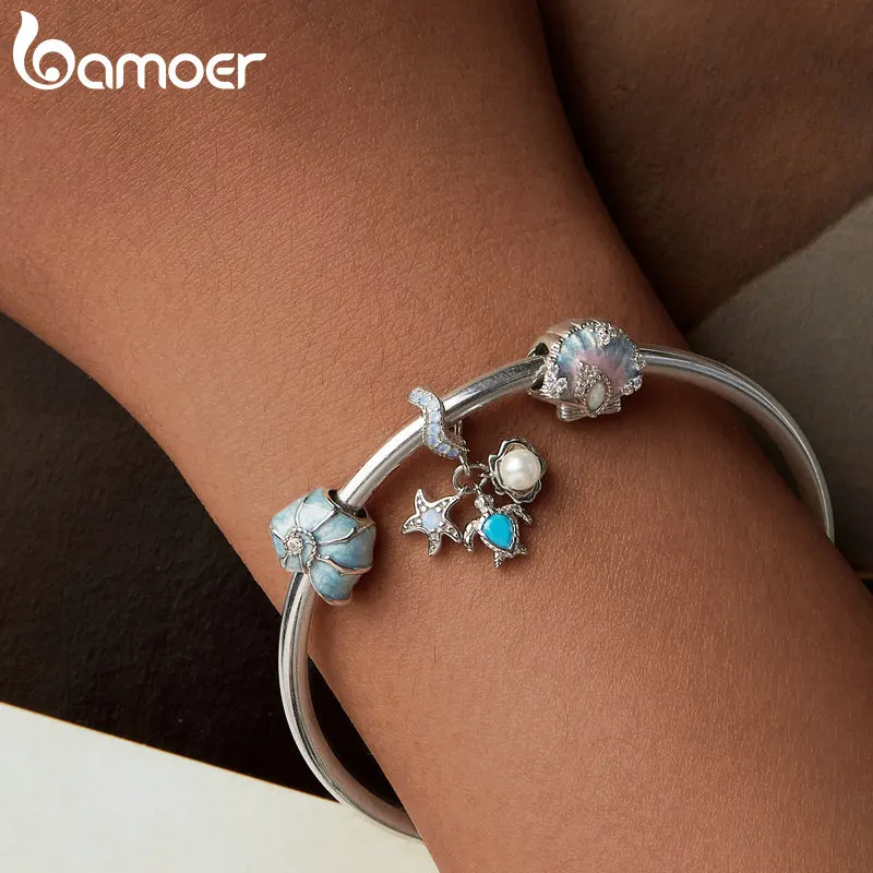 Bamoer 100% 925 Sterling Silver Dreamy Ocean Shell Starfish Charm For Women Fit Bracelet DIY Necklace Fine Jewelry