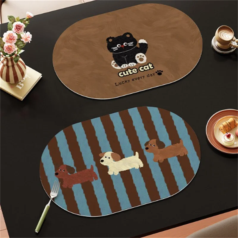 Retro Cartoon Oval Leather Placemat 30x45CM Waterproof Oil Resistant Heat-Insulating Table Mat Easy Maintenance for Home Use