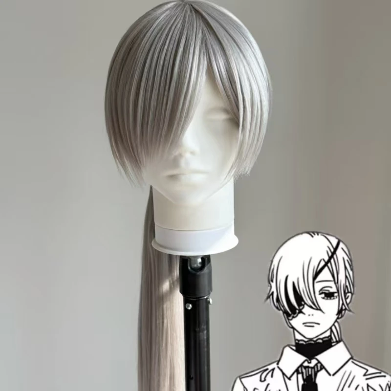 

Anime Quanxi Cosplay Wig Gray long ponytail wig made of heat resistant synthetic fiber With Rose Net Halloween Party Wig