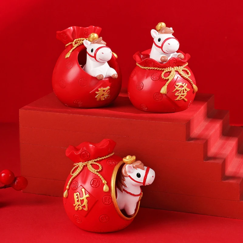 

2026 Chinese New Year Lucky Horse Figurine,Red Envelope Resin Desktop Ornament for Wealth Fortune Home Office Festive Decoration