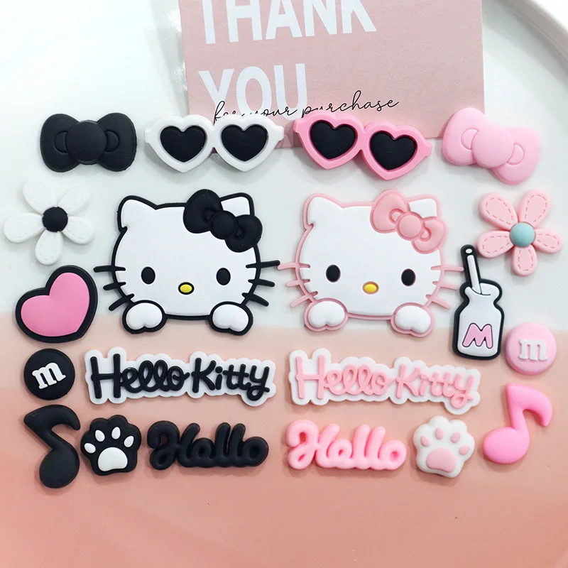 10/20pcs Pink & Black Relaxed Hello Kitty Cat Shoe Charms Set for Sandals & Slippers Accessories Girls DIY Decorative for Slides