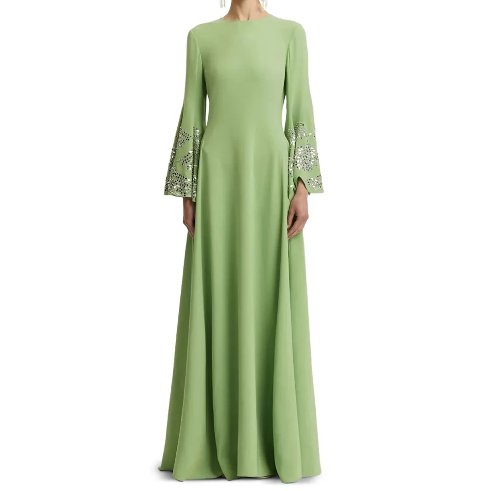 

Вечерние платья из зеленого джерси длиной до пола, с длинными рукавами и круглым вырезом, платье для выпускного вечера, модное драпированное вечернее платье трапециевидной формы с блестками по индивидуальному заказу