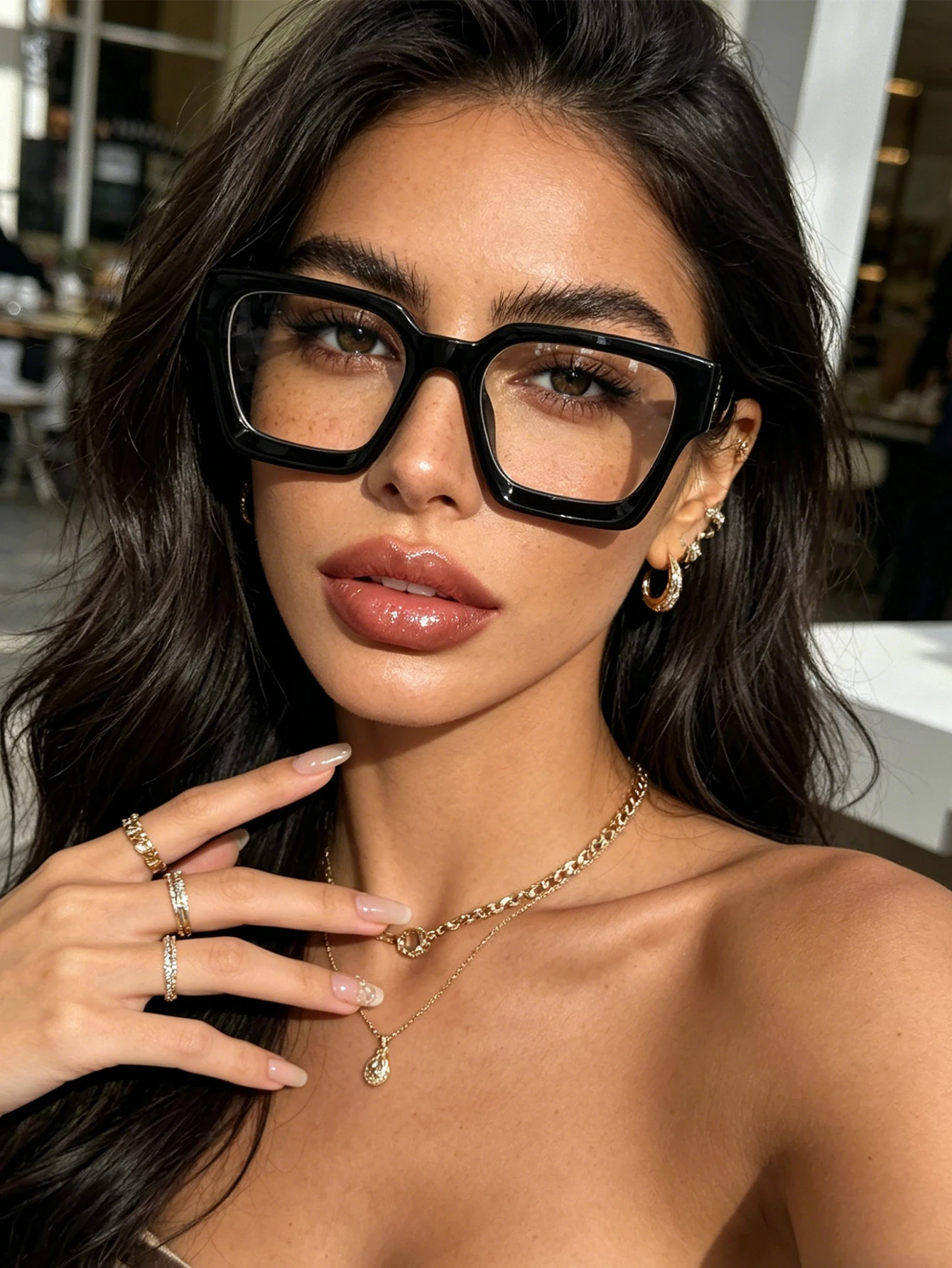 1Pc High-End Glossy Black Square Frame Non-Prescription Glasses, Unique Thick Frame, Enhances Cheekbones, Unisex and Versatile