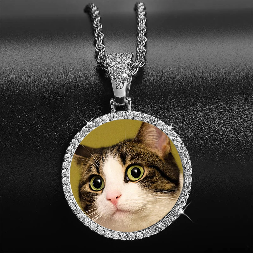 Ice Out DIY Photo Memory Medallions Pendant Necklaces Hip Hop Sublimation Cubic Zircon Round Pictures Charms Unisex Mens Jewelry