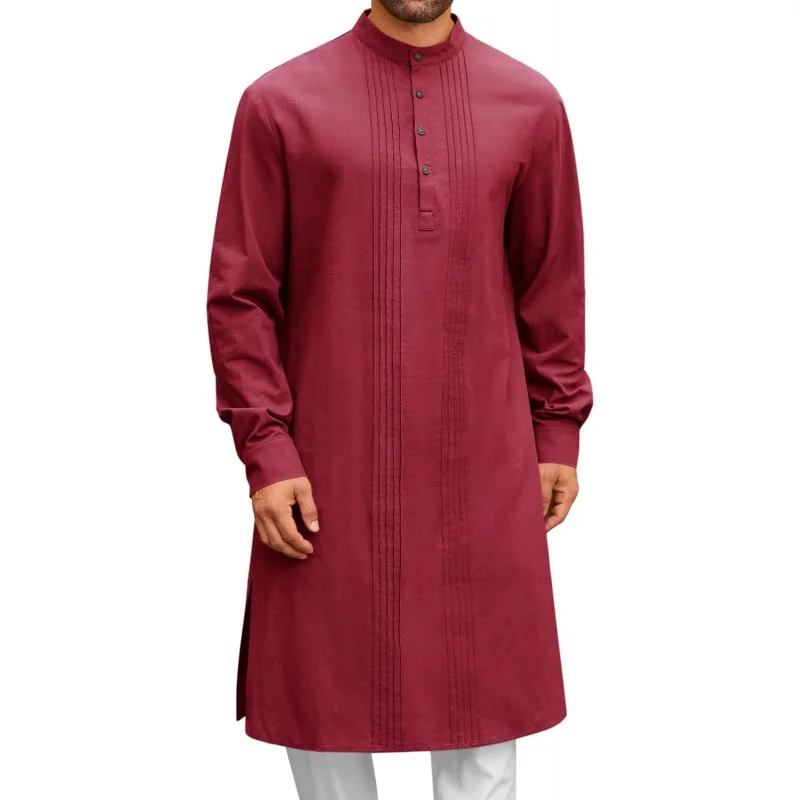 

Mens Kaftan Robe Button Down Long Sleeve Cotton Linen Thobe Casual Muslim Gown Henley Shirt