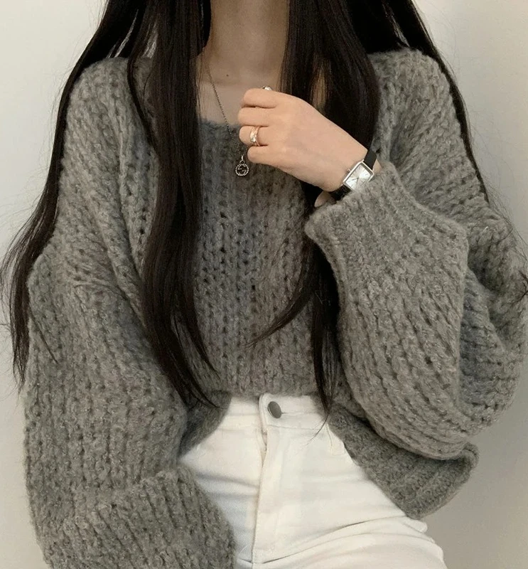 

Chic Spring Autumn Loose LanternKnitted Sweater Women's Faionable Overhead Long
