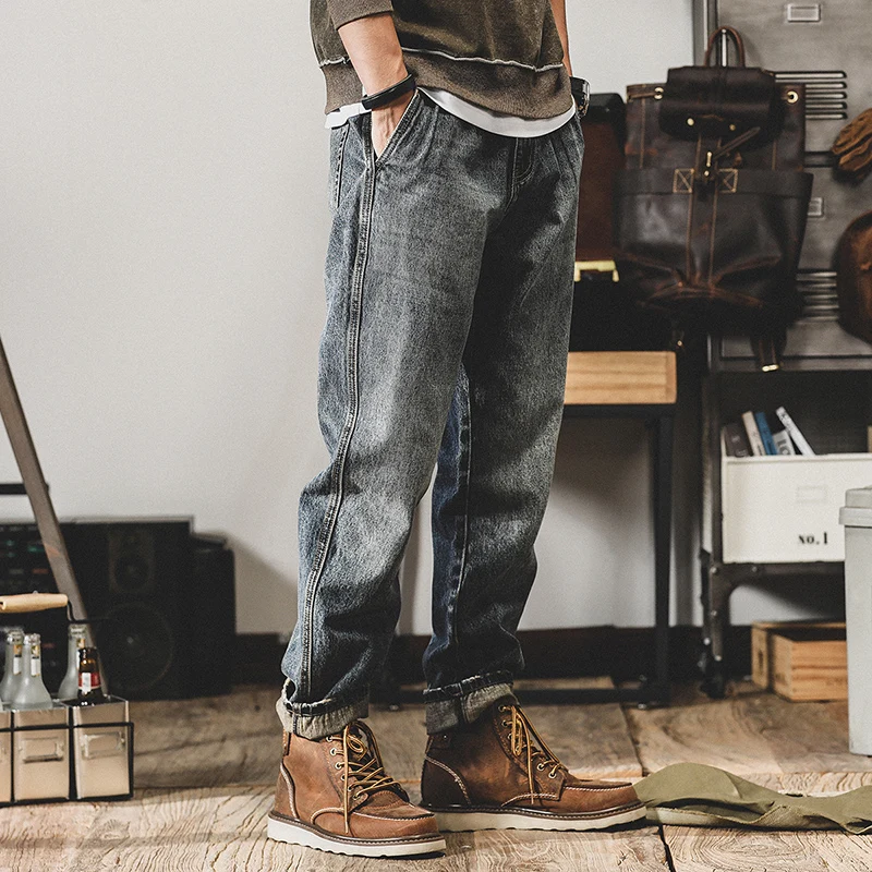 

Retro American Waed Denim Jeans Men's Loose Straight Casual Pants Spring Autumn Sle Fce Lined Classic Straight Leg Jeans