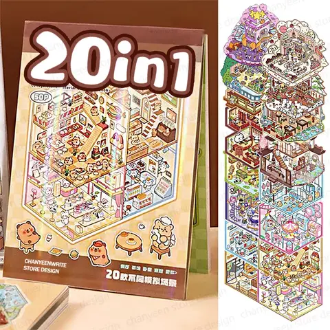 20 Pz 20in1 3D Paesaggio Adesivo Collezione Libro Album Scena di cartoni animati Giocattolo fai da te Gioco Festival Regalo di compleanno per Kid Ragazza Bambino