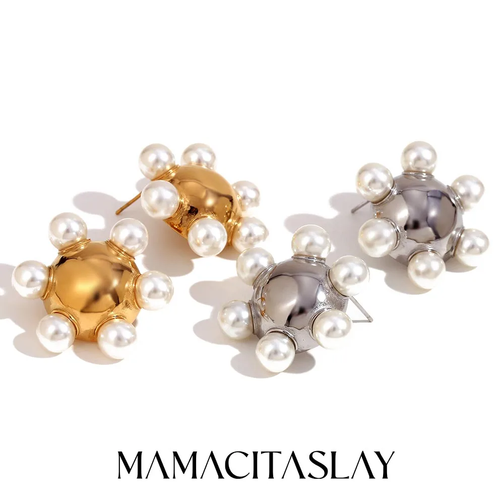 MamacitaSlay anting-anting hiasan gantung wanita perhiasan trendi pesta anting-anting kancing bunga matahari mutiara baja tahan karat desain baru hadiah