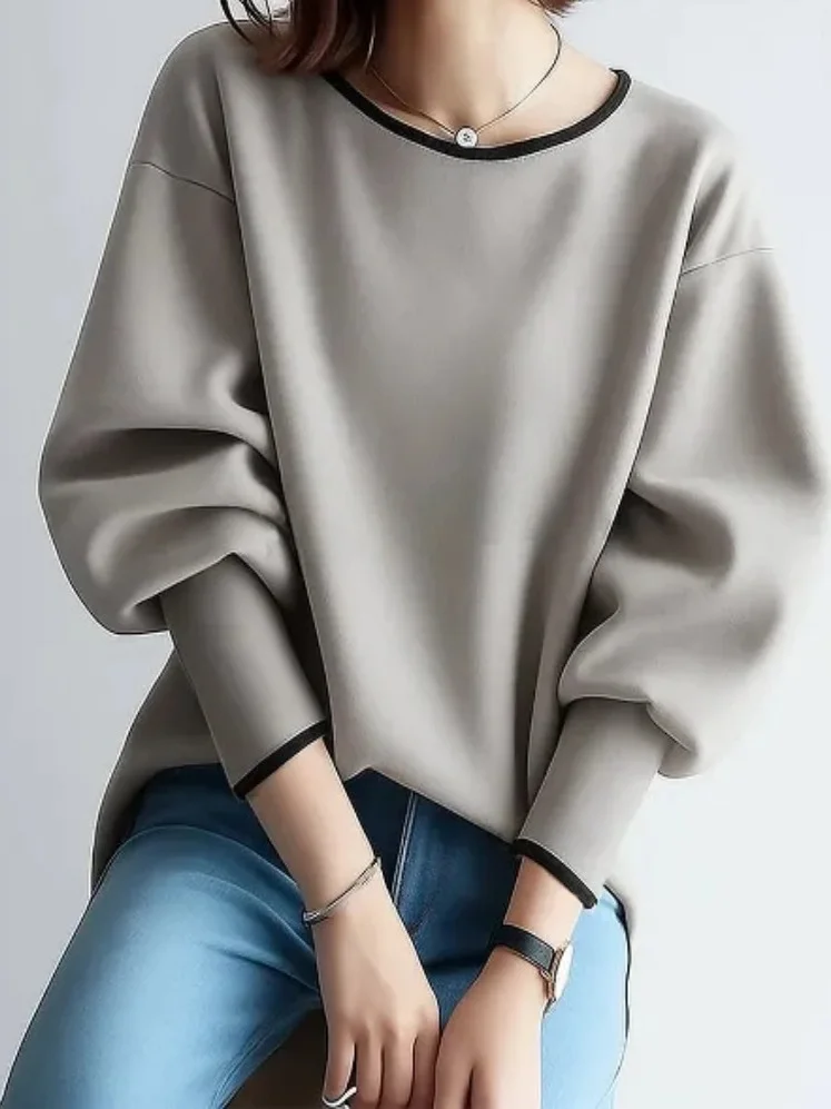 Camiseta japonesa Sle Long Sve redonda Ne Overhead para mujer Faionable Color adelgazante Blo Ci Walk Poliéster versátil...